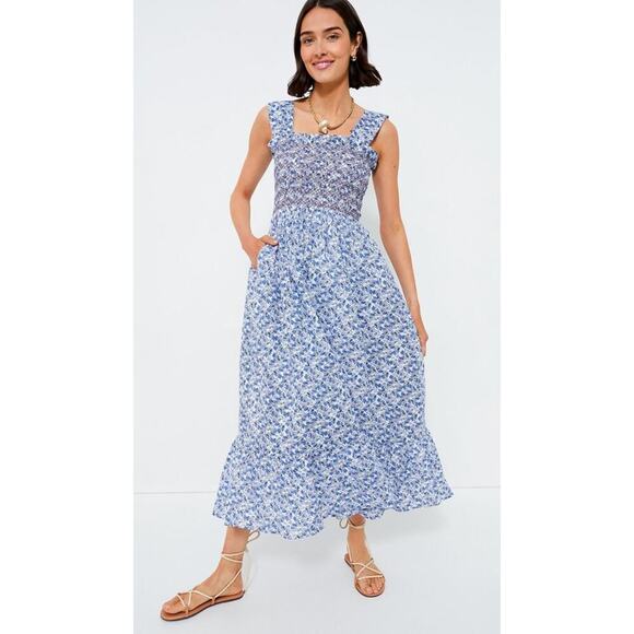 Mille Dresses & Skirts - MILLE Garden Cotton Midi Smocked Sundress Condesa Floral Blue Tuckernuck NEW